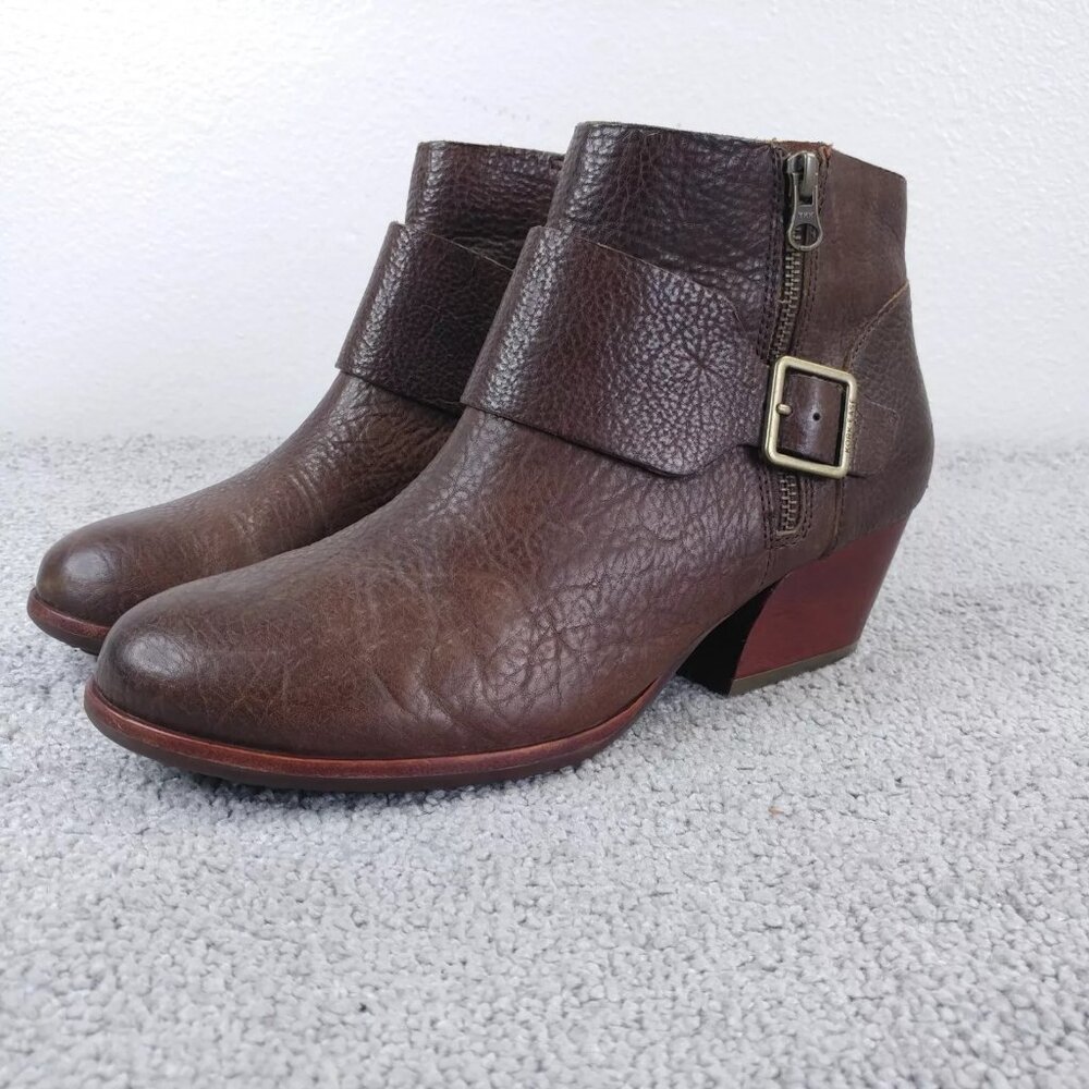 Kork Ease Ankle Boots Womens Size 10 Brown Pebbled Leather Zip Buckle Heel Shoes - Picture 1 of 12